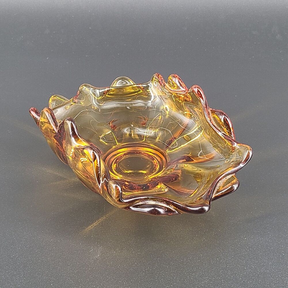 Viking Double Crimped Folded Amber Glass Footed Candy Dish Bowl